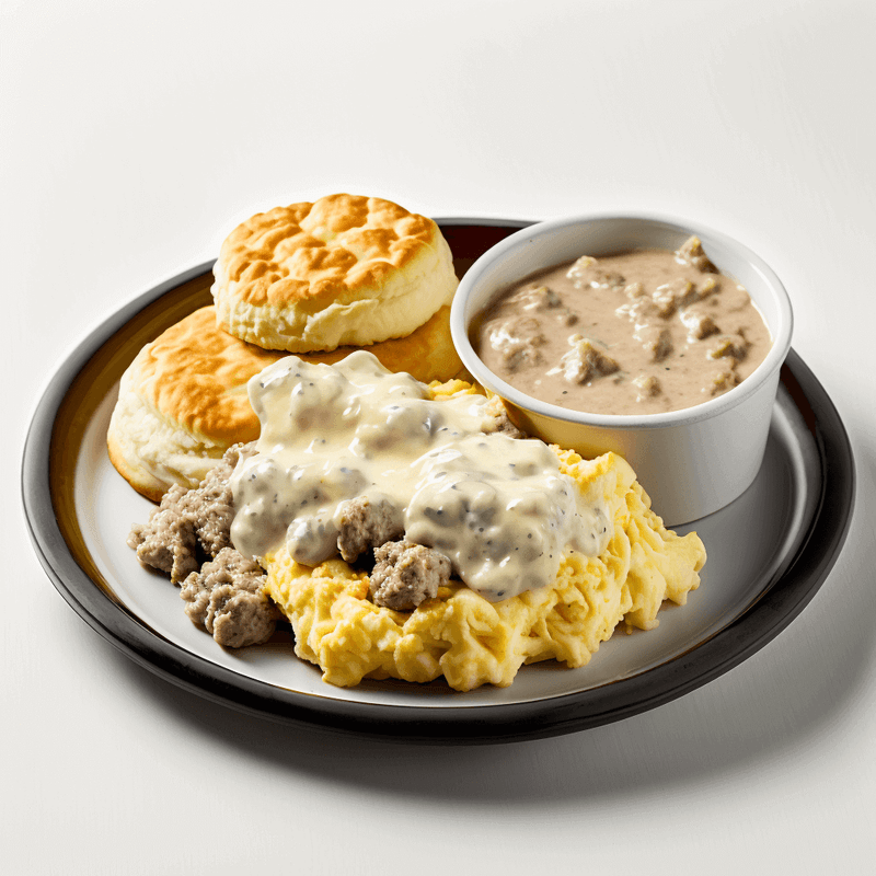 Buttermilk Biscuits and Sausage Gravy with Scrambled Eggs and Hash